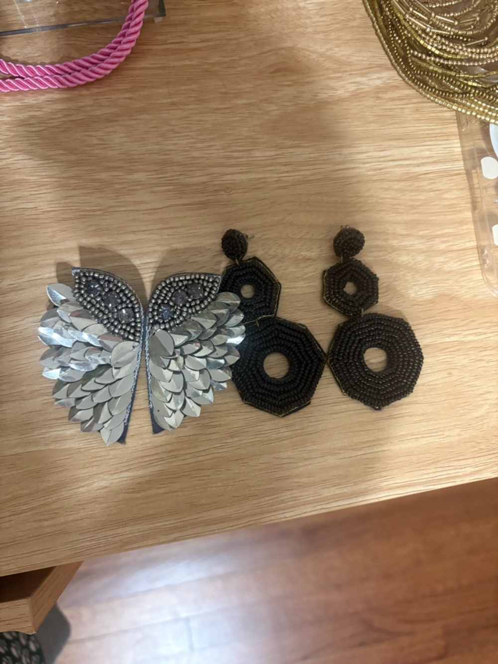 Black Beaded Hexagon Drop Earrings & Silver Butterfly Applique Set
